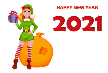 Stock vector Christmas lady elf cartoon character holding a glass of champagne. Merry Christmas and Happy New Year. Santa helper elf woman. Vector illustrationのイラスト素材