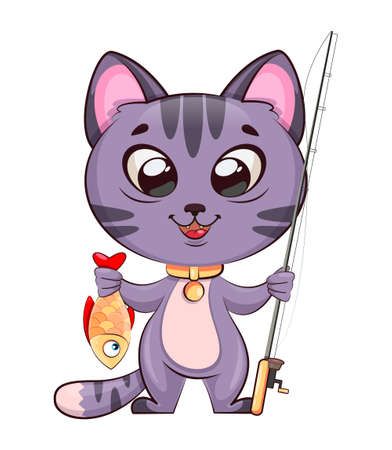Stock vector funny kitten. Cute little cat cartoon character with fishing rod and fish. Vector illustrationのイラスト素材