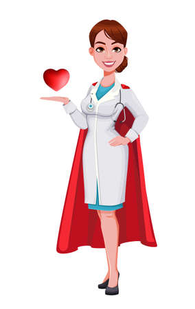 Stock vector cheerful doctor cartoon character. Beautiful young woman doctor holding heart. Vector illustrationのイラスト素材