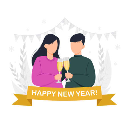Stock vector. Merry Christmas and Happy New Year. Couple holding two glasses of champagne. Vector illustrationのイラスト素材