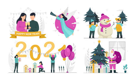 Stock vector. Merry Christmas and Happy New Year 2021, set of four illustrations for holidays