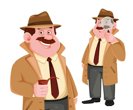 Stock vector detective character, set of two poses. Investigator cartoon character. Vector illustration isolated on whiteのイラスト素材