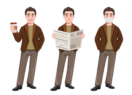 Stock vector businessman cartoon character in flat style, set of three poses. Young handsome business man. Vector illustration on white backgroundのイラスト素材