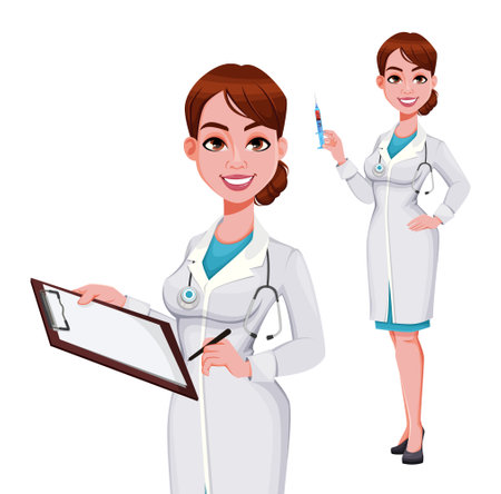 Stock vector cheerful doctor cartoon character, set of two poses. Beautiful young woman doctor holding clipboard and holding syringe. Vector illustrationのイラスト素材