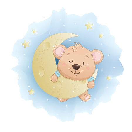 Stock vector. Cute little bear sleeping on the Moon. Funny cartoon character. Vector illustrationのイラスト素材