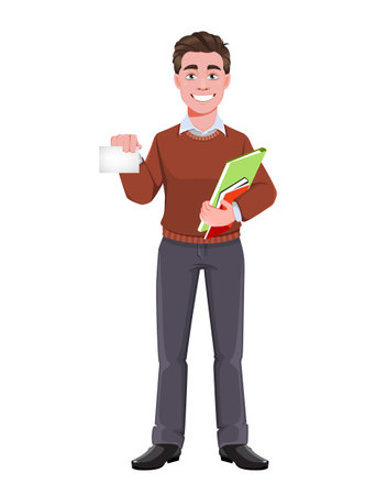 Stock vector successful business man holding blank card. Manager character design.のイラスト素材