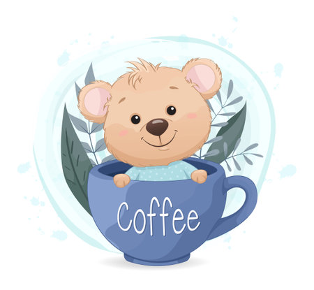 Stock vector. Cute little bear sitting in a big cup. Funny cartoon character.のイラスト素材