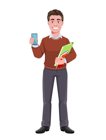 Stock vector successful business man holding smartphone. Manager character design.のイラスト素材