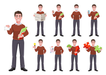 Stock vector successful business man, set of nine poses. Manager character design. Flat style vector illustration isolated on whiteのイラスト素材