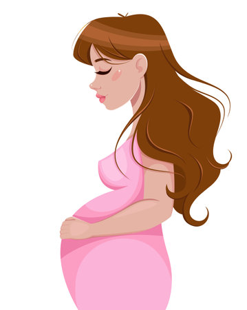 Pregnant woman, cartoon character in flat style. Beautiful lady waiting for baby. Stock vector illustrationのイラスト素材