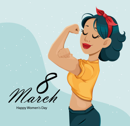 International women's day greeting card. Beautiful woman cartoon character. Stock vector illustrationのイラスト素材