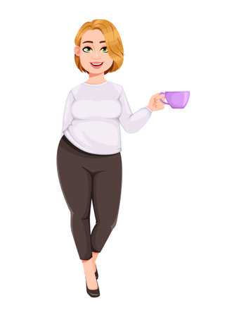 Young plus size pretty woman. Beautiful overweight businesswoman holding a cup of coffee. Stock vector illustrationのイラスト素材