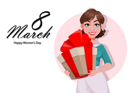 Happy Women's day greeting card. Beautiful woman in apron holding big gift box. Happy housewife cartoon character.のイラスト素材
