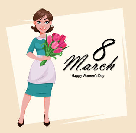 Happy Women's day greeting card. Beautiful woman in apron holding a bouquet of tulips. Happy housewife cartoon character. Stock vector illustrationのイラスト素材