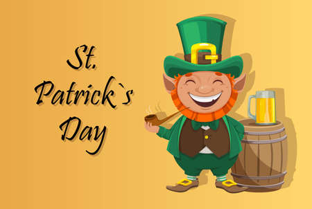 Stock vector leprechaun. Happy St Patrick's day greeting card. Cheerful leprechaun cartoon character with smoking pipe and beerのイラスト素材