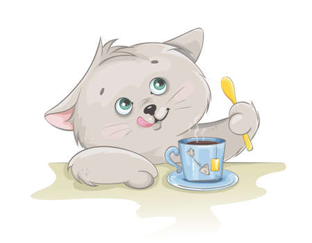 Cute kitten having a cup of tea. Funny kitten cartoon character. Stock vector illustration on white backgroundのイラスト素材