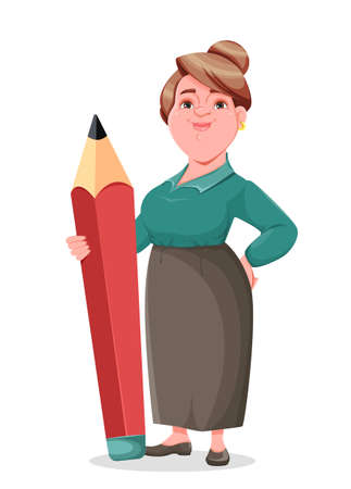 Stock vector happy smiling middle aged woman teacher. Smiling lady teacher cartoon character holding big red pencil.のイラスト素材