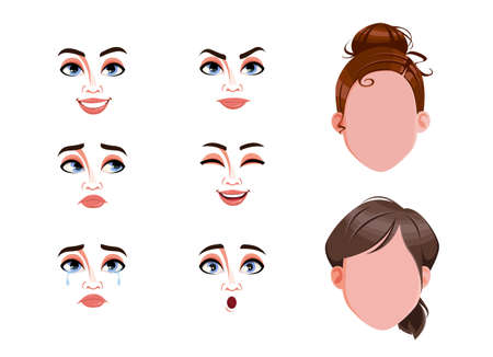 Different female emotions set. Blank faces and expressions of woman. Choose emotions you need. Stock vector illustration on white backgroundのイラスト素材