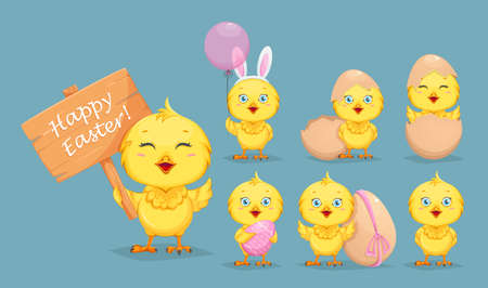 Cute little chick, set of seven poses. Happy Easter. Funny baby chicken cartoon character. Stock vector illustrationのイラスト素材