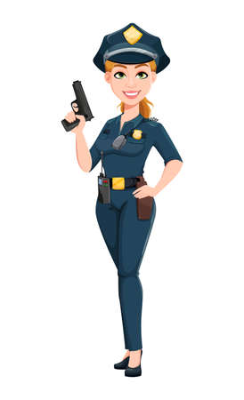 Police woman in uniform. Female police officer cartoon character holding gun. Stock vector illustrationのイラスト素材