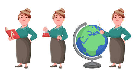 Stock vector happy smiling middle aged woman teacher, set of three poses. Smiling lady teacher cartoon character isolated on whiteのイラスト素材