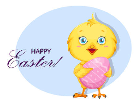 Cute little chick holding colored egg. Happy Easter greeting card. Funny baby chicken. Stock vector illustrationのイラスト素材