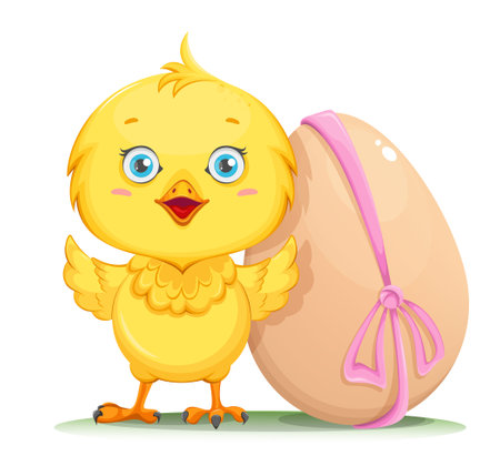 Cute little chick standing near decorated egg. Happy Easter. Funny baby chicken. Stock vector illustrationのイラスト素材