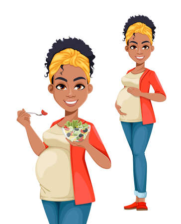 Beautiful African American pregnant woman, set of two poses. Happy young mother cartoon character. Stock vector illustrationのイラスト素材