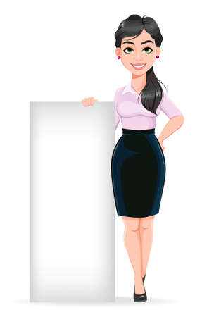 Beautiful successful business woman cartoon character standing near blank placard. Usable as manager, secretary, office worker. Stock vector illustration on white backgroundのイラスト素材