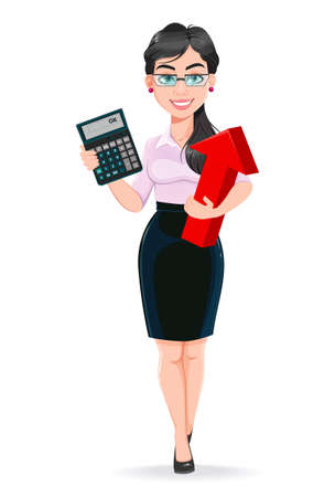Beautiful successful business woman cartoon character calculates income. Usable as manager, secretary, office worker. Stock vector illustration on white backgroundのイラスト素材