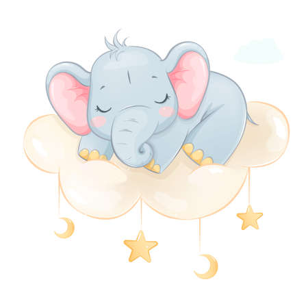 Cute little elephant sleeping on a cloud. Funny cartoon character. Stock vector illustration on white backgroundのイラスト素材
