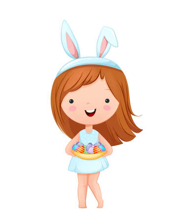 Happy Easter. Cute little girl wearing bunny ears. Funny cartoon character girl with colored eggs. Stock vector illustrationのイラスト素材