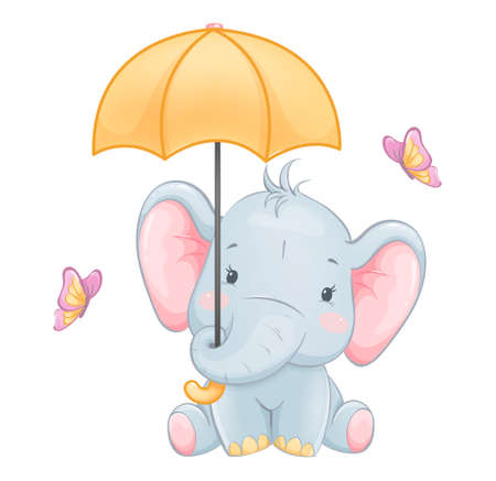 Cute little elephant holding umbrella. Funny cartoon character. Stock vector illustration on white backgroundのイラスト素材