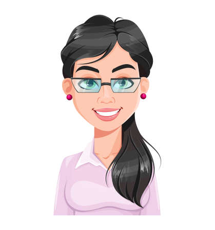 Face expression of beautiful woman, cheerful. Female emotion. Pretty lady cartoon character in flat style, usable as avatar. Stock vector illustrationのイラスト素材