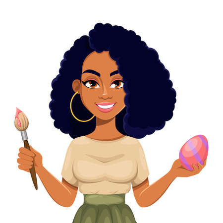 Happy Easter. Beautiful African American woman painting Easter egg. Cheerful lady cartoon character. Stock vector illustration on white backgroundのイラスト素材