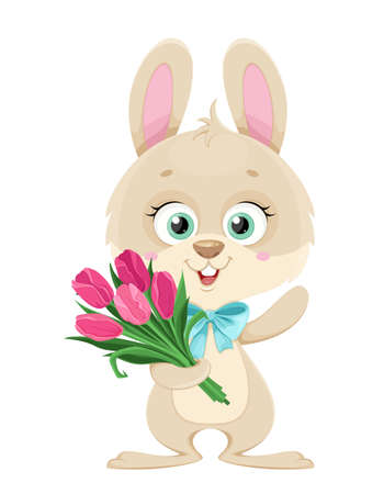 Happy Easter. Cute little bunny holding a bouquet of tulips. Cartoon character rabbit. Stock vector illustration.のイラスト素材