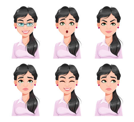 Face expressions of pretty woman. Different female emotions set. Beautiful cartoon character. Vector illustration isolated on white background.のイラスト素材