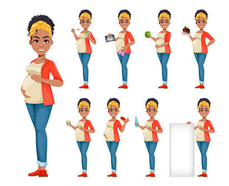 Beautiful African American pregnant woman, set of nine poses. Happy young mother cartoon character. Stock vector illustration on white backgroundのイラスト素材
