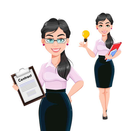 Beautiful successful business woman cartoon character, set of two poses. Usable as manager, secretary, office worker. Stock vector illustrationのイラスト素材