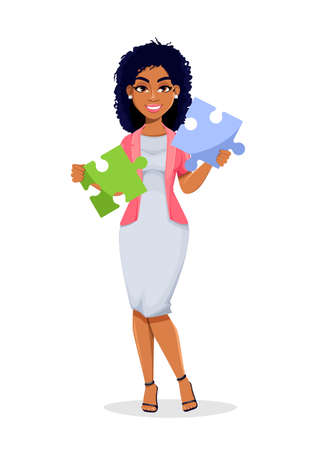 African American business woman holding two pieces of puzzle. Beautiful businesswoman cartoon character, pretty lady. Stock vector illustrationのイラスト素材