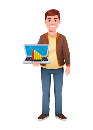 Handsome business man holding laptop. Young businessman cartoon character in flat style. Stock vector illustrationのイラスト素材