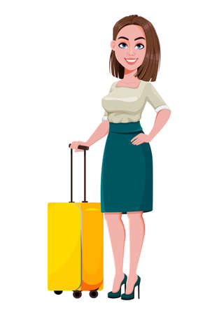 Young successful business woman standing with suitcase. Cute businesswoman cartoon character.  Stock vector illustration on white backgroundのイラスト素材