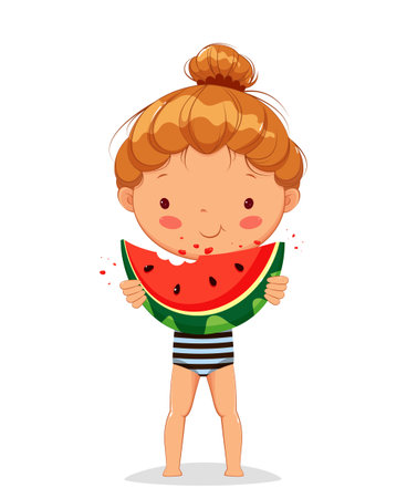 Hello summer concept. Cute little girl cartoon character eating watermelon. Stock vector illustration on white backgroundのイラスト素材