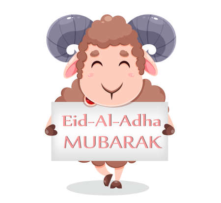 Eid Al Adha Mubarak greeting card with cartoon sacrificial sheep for the celebration of Muslim traditional festival. Funny character ram with placard. Stock vector illustrationのイラスト素材