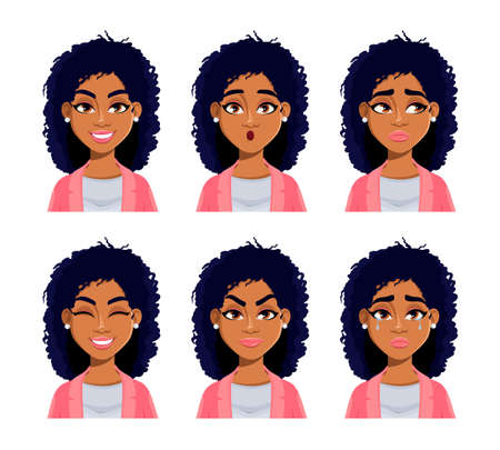 Face expressions of African American woman. Different female emotions set. Beautiful lady cartoon character. Usable for avatar, emoticon etc. Vector illustrationのイラスト素材
