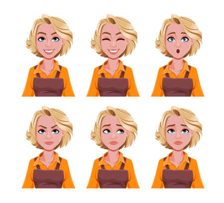 Face expressions of woman barista. Different female emotions set. Beautiful cartoon character. Vector illustration isolated on white background.のイラスト素材