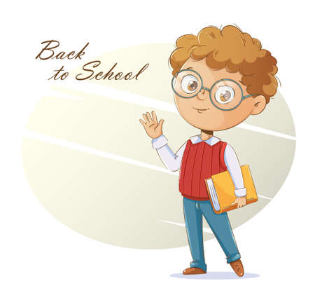 Back to school concept. Cheerful schoolboy with a book. Cute cartoon character. Vector illustrationのイラスト素材