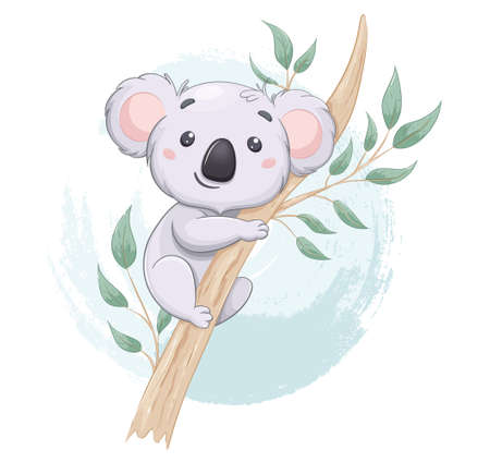 Funny koala on eucalyptus tree. Cute cartoon character. Usable for print, baby shower etc. Stock vector illustrationのイラスト素材