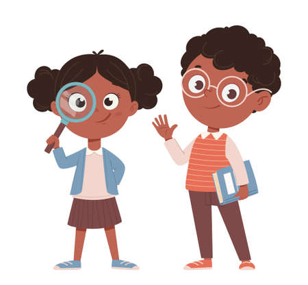 Back to school concept. Cheerful African American schoolgirl and schoolboy. Cute cartoon characters. Vector illustrationのイラスト素材