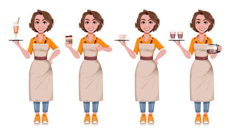 Female barista, set of four poses. Coffee business concept. Beautiful woman barista cartoon character. Stock vector illustrationのイラスト素材